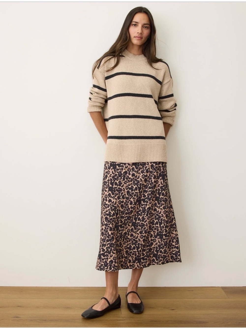 Marine Layer Avery Gray and White Leopard A-Line Midi Skirt